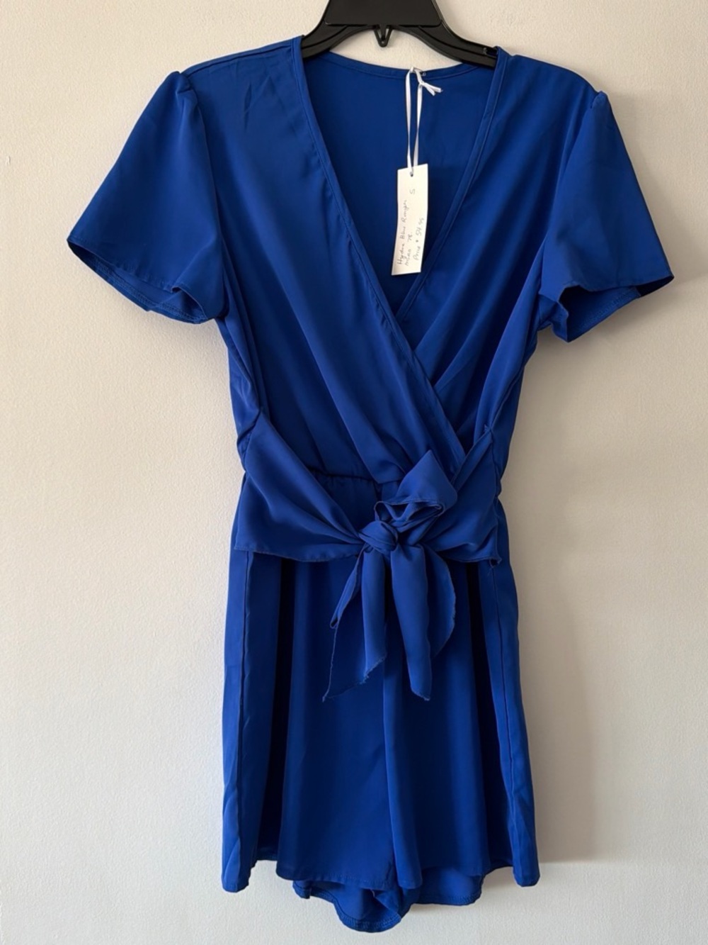 SHEIN Royal Blue Wrap Romper V-Neck Short Sleeve Tie Front Cobalt Blue Small NWT